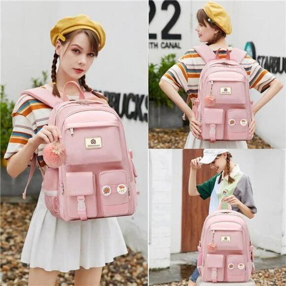 Pink Waterproof Laptop Backpack 15.6 Inch School Travel Bag for Women Girls main image 6